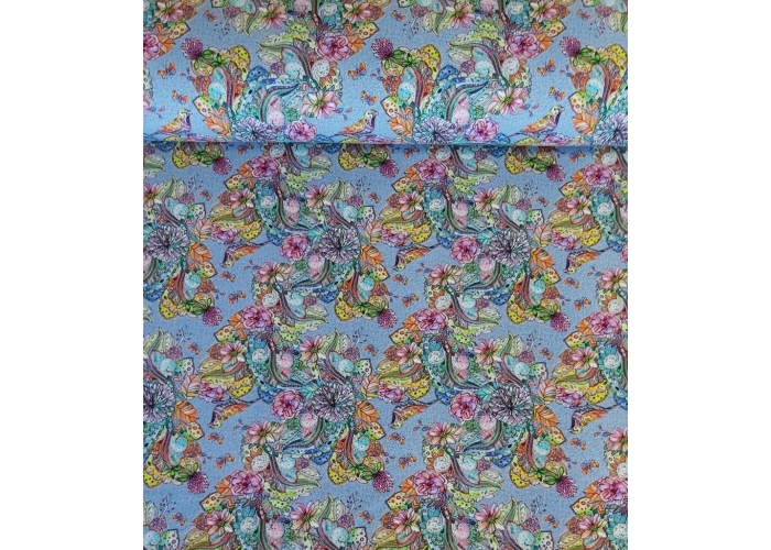 DZIANINA DRESOWA - KWIATY NA JEANSIE - 240g/m²/180cm
